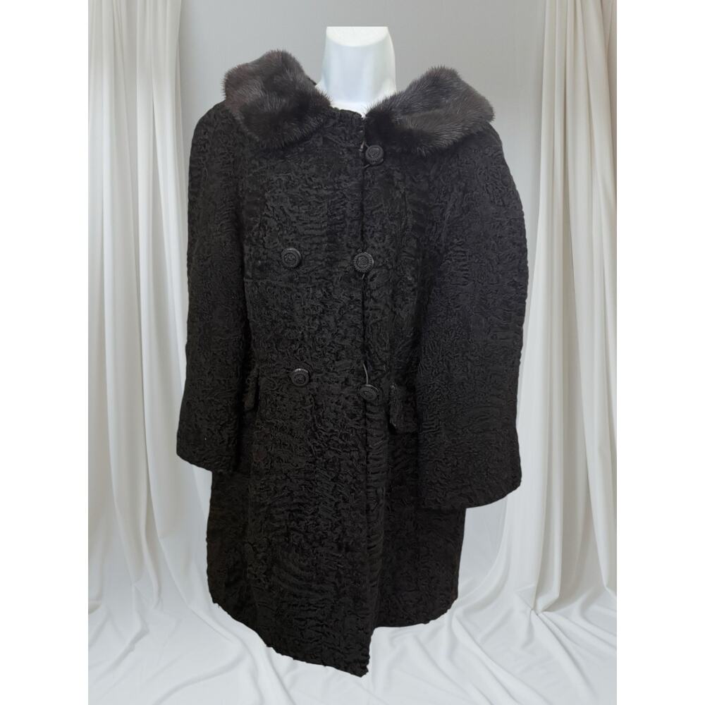 Vtg Kaufmann’s Persian Lamb Fur Coat with Mink Fur Collar Matching Gloves Blk